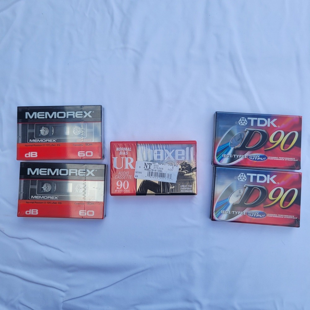Lot of 5 Blank Audio Cassette Tapes Sealed TDK D90 Memorex dB 60 Maxell UR 90
